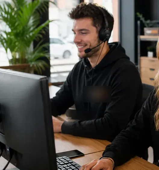 Twee VoltDelen-medewerkers met headsets staan klanten te woord